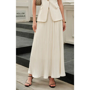 Commense Pleated Maxi Skirt Cream Ivory Mid Waist Lined - Modern Chic Parisian